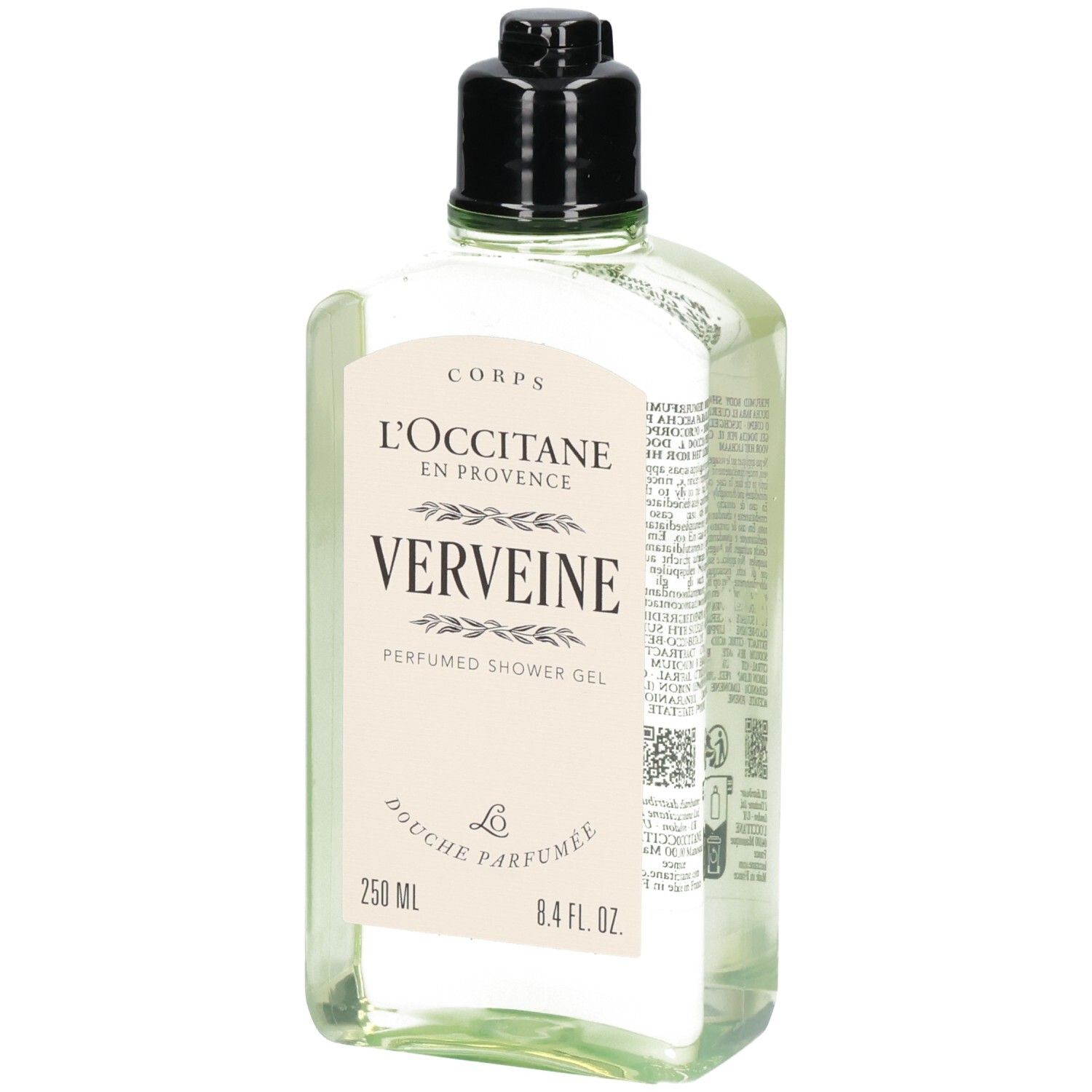 L'Occitane Verbene Duschgel in klarer Flasche mit schwarzem Verschluss. Vorderansicht.