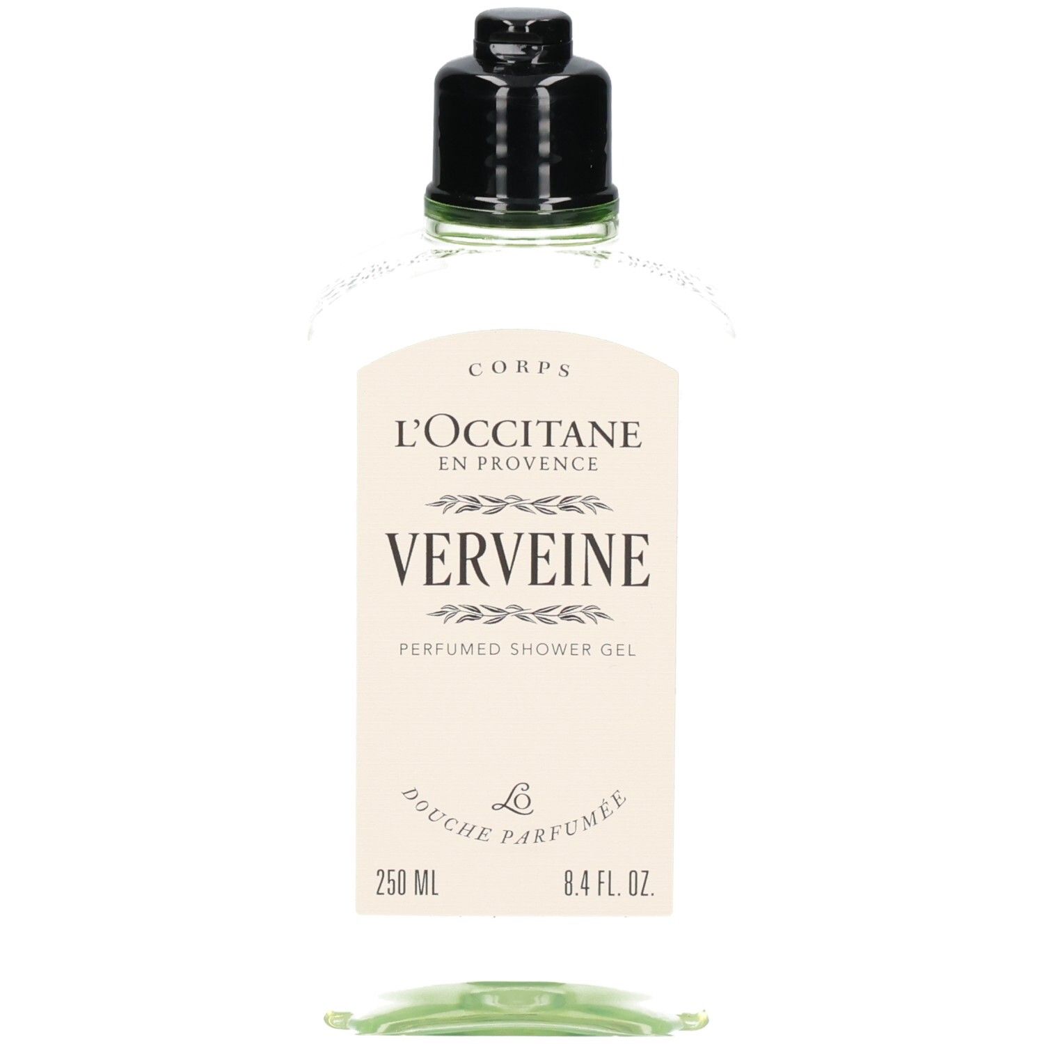 L'Occitane Verbene Duschgel in klarer Flasche mit schwarzem Verschluss. Vorderansicht.