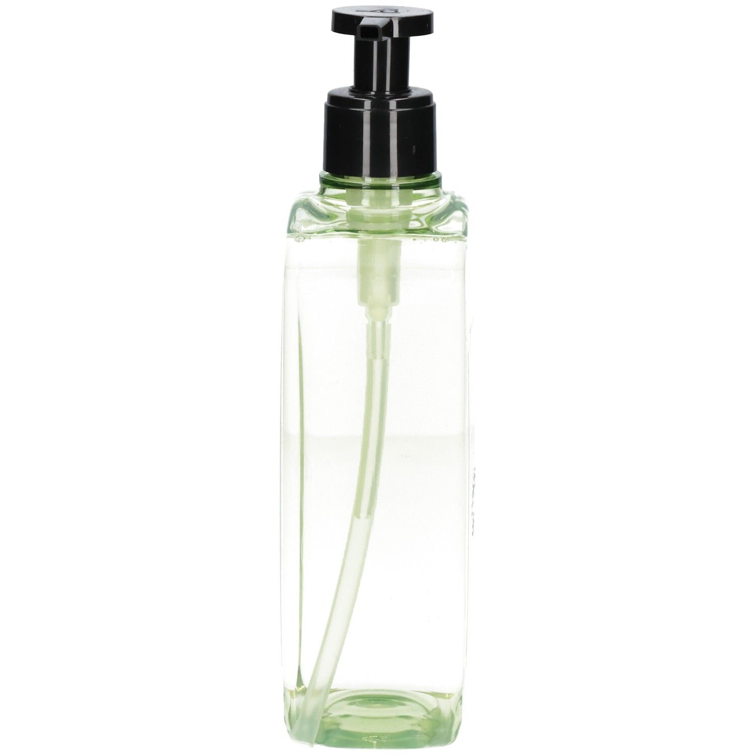 Klare rechteckige Flasche mit schwarzem Pumpspender und durchsichtigem Inhalt.