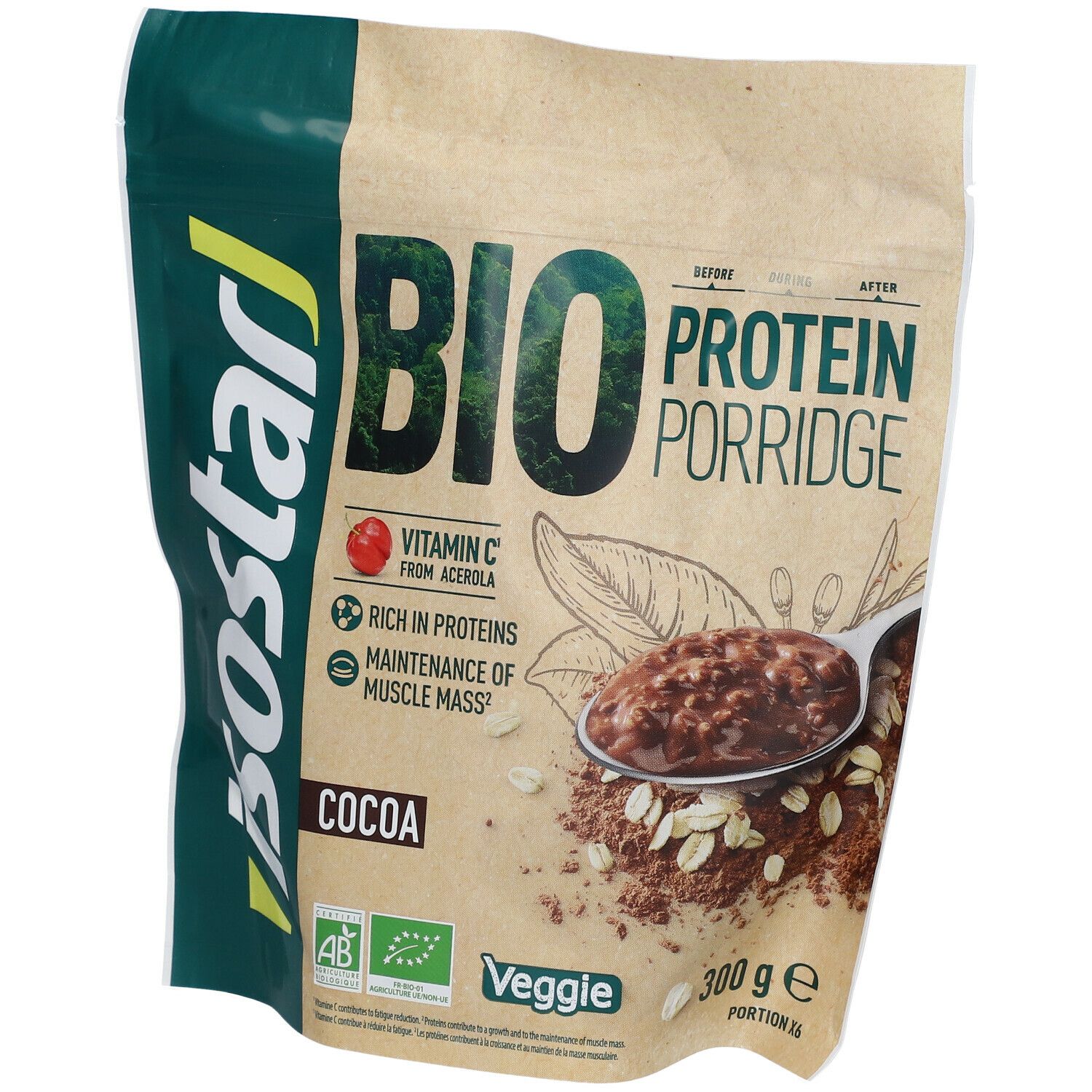 Sachet de porridge protéiné BIO, Cocoa, vitamine C. Labels AB et Veggie. Cuillère de porridge. 300g.