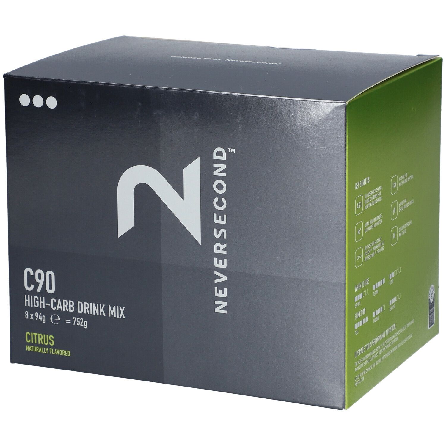 Boîte de Neversecond C90 Drink Mix. Emballage noir avec logo blanc et informations produit. Goût citron.
