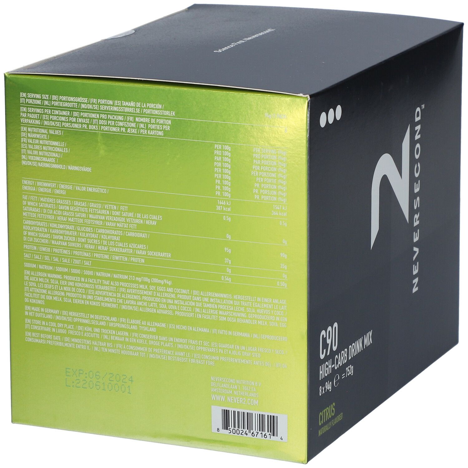 Dos de la boîte Neversecond C90 Drink Mix. Contient informations nutritionnelles et ingrédients. Goût citron.