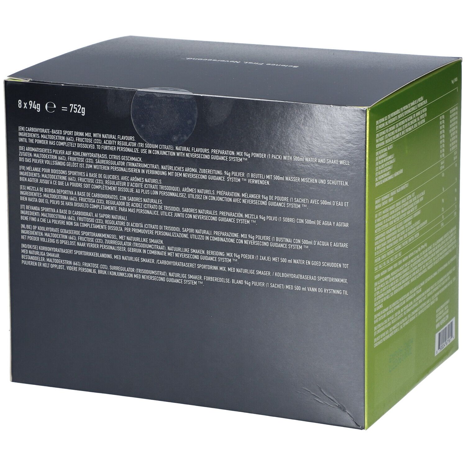 Boîte Neversecond C90 Drink Mix. Contient informations produit et instructions. Goût citron.