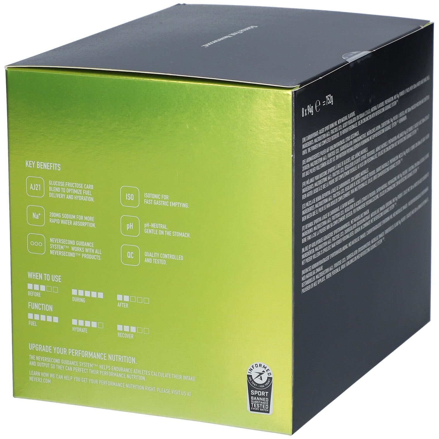 Boîte Neversecond C90 Drink Mix. Contient informations avantages et utilisation. Certification.