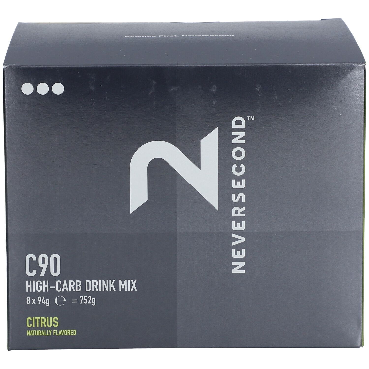 Boîte Neversecond C90 Drink Mix. Emballage noir avec logo blanc et informations produit. Goût citron.