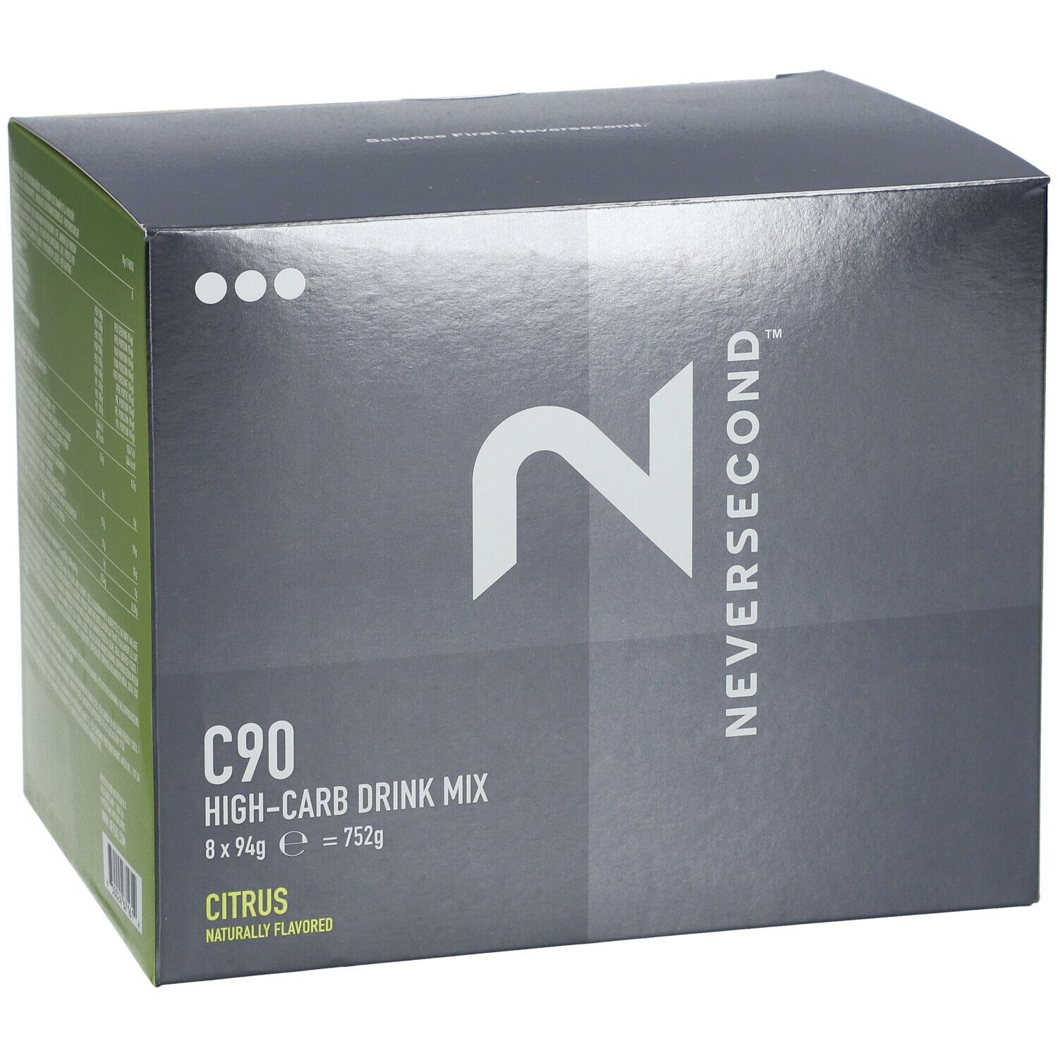 Boîte Neversecond C90 Drink Mix. Emballage noir avec logo blanc et informations produit. Goût citron.