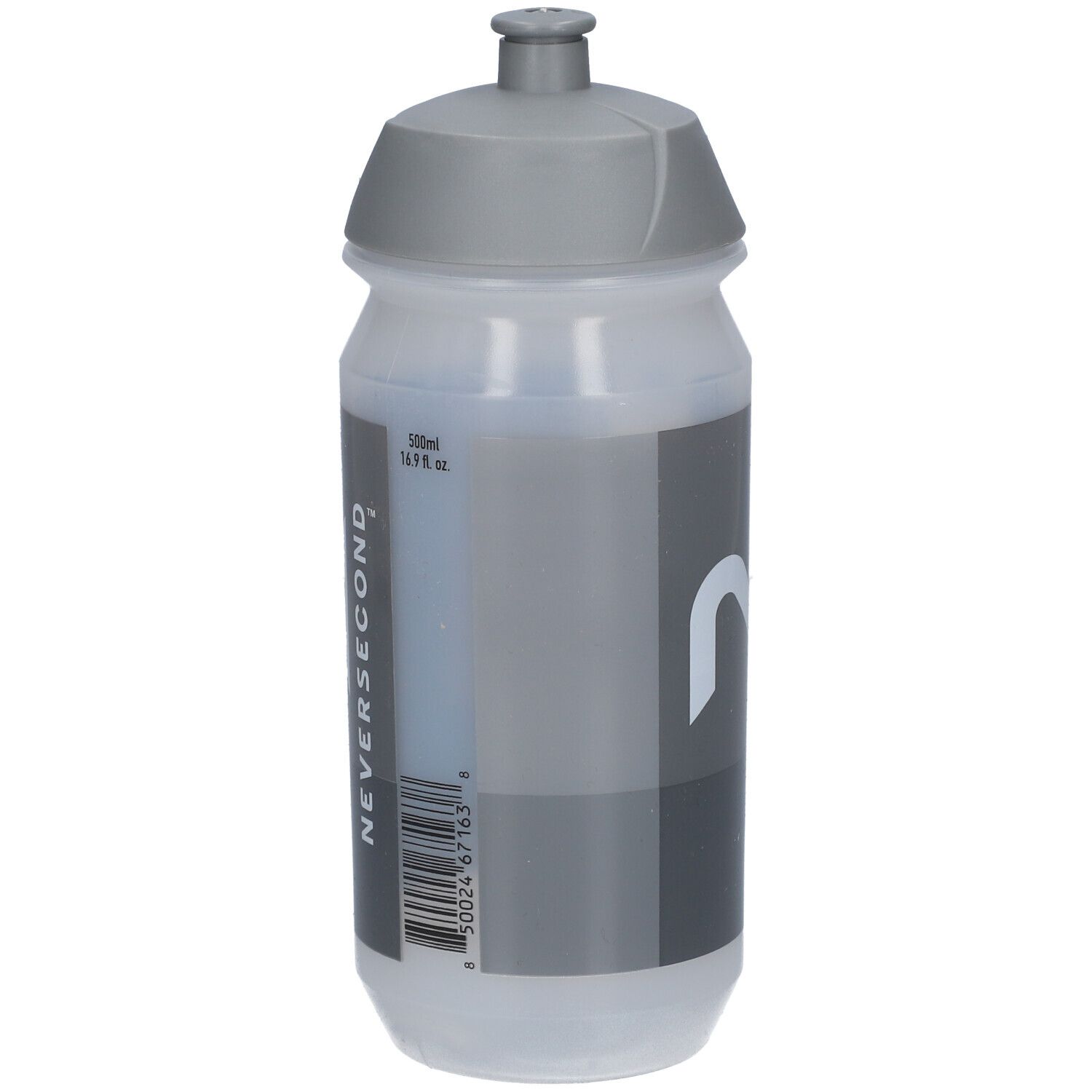 Gourde grise avec logo Neversecond. La gourde a un bouchon gris et un autocollant gris avec code-barres.