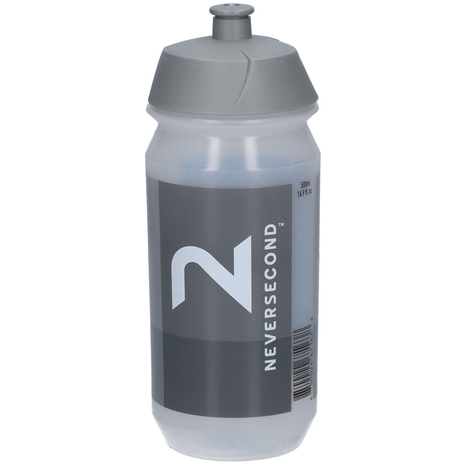 Gourde grise avec logo Neversecond. La gourde a un bouchon gris et un autocollant gris avec le logo.