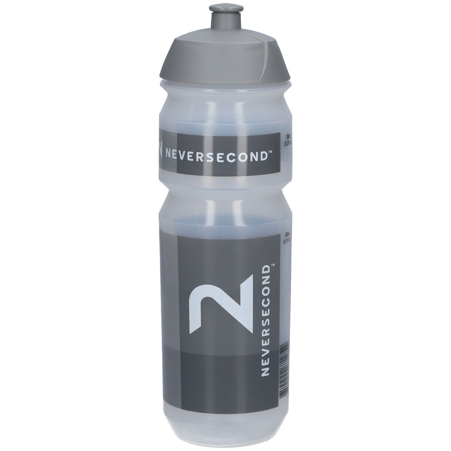 Drinkfles met grijze dop en opdruk. Opschrift: NEVERSECOND en een grote 2.