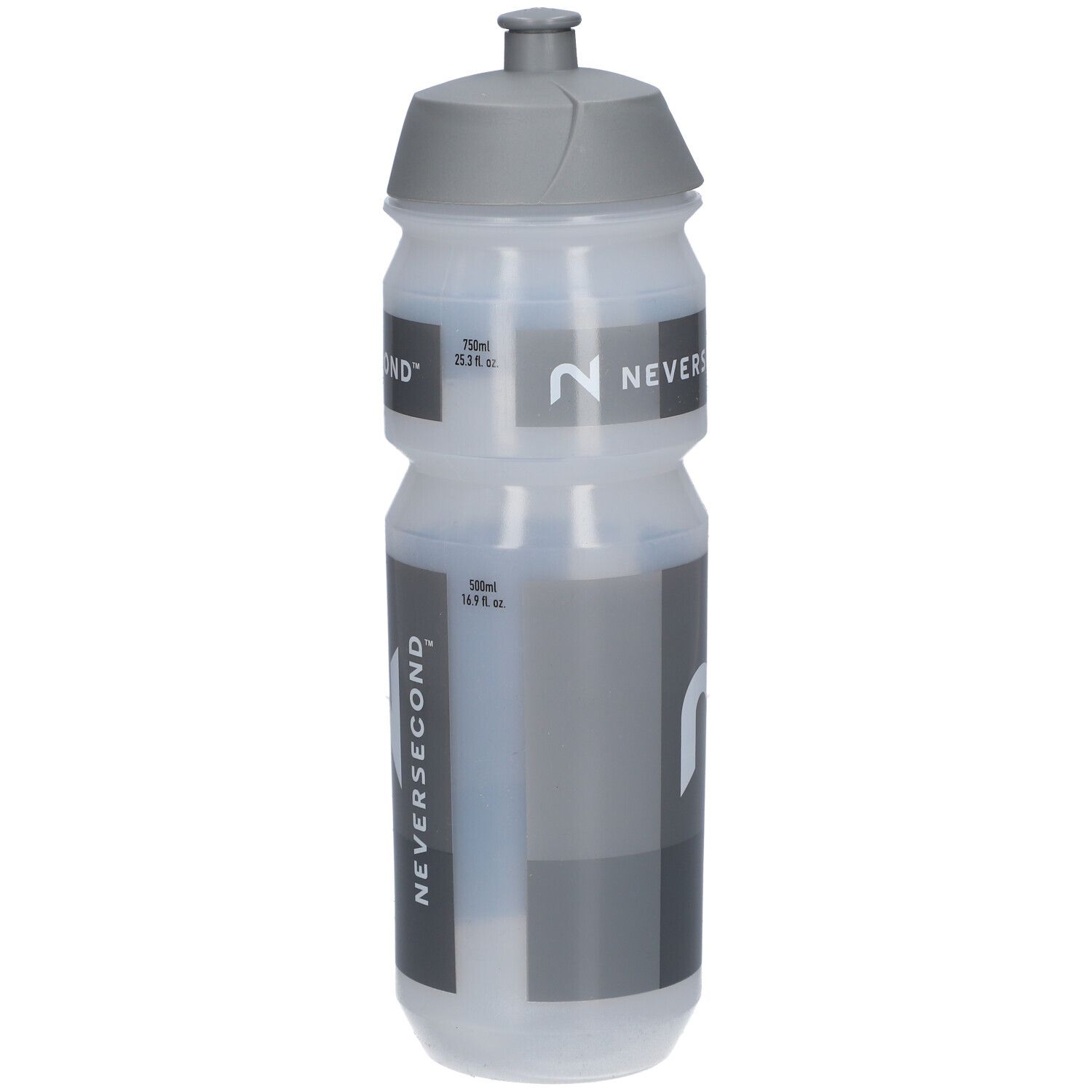 Drinkfles met grijze dop. Opdruk: NEVERSECOND, een grote 2 en meetgegevens.