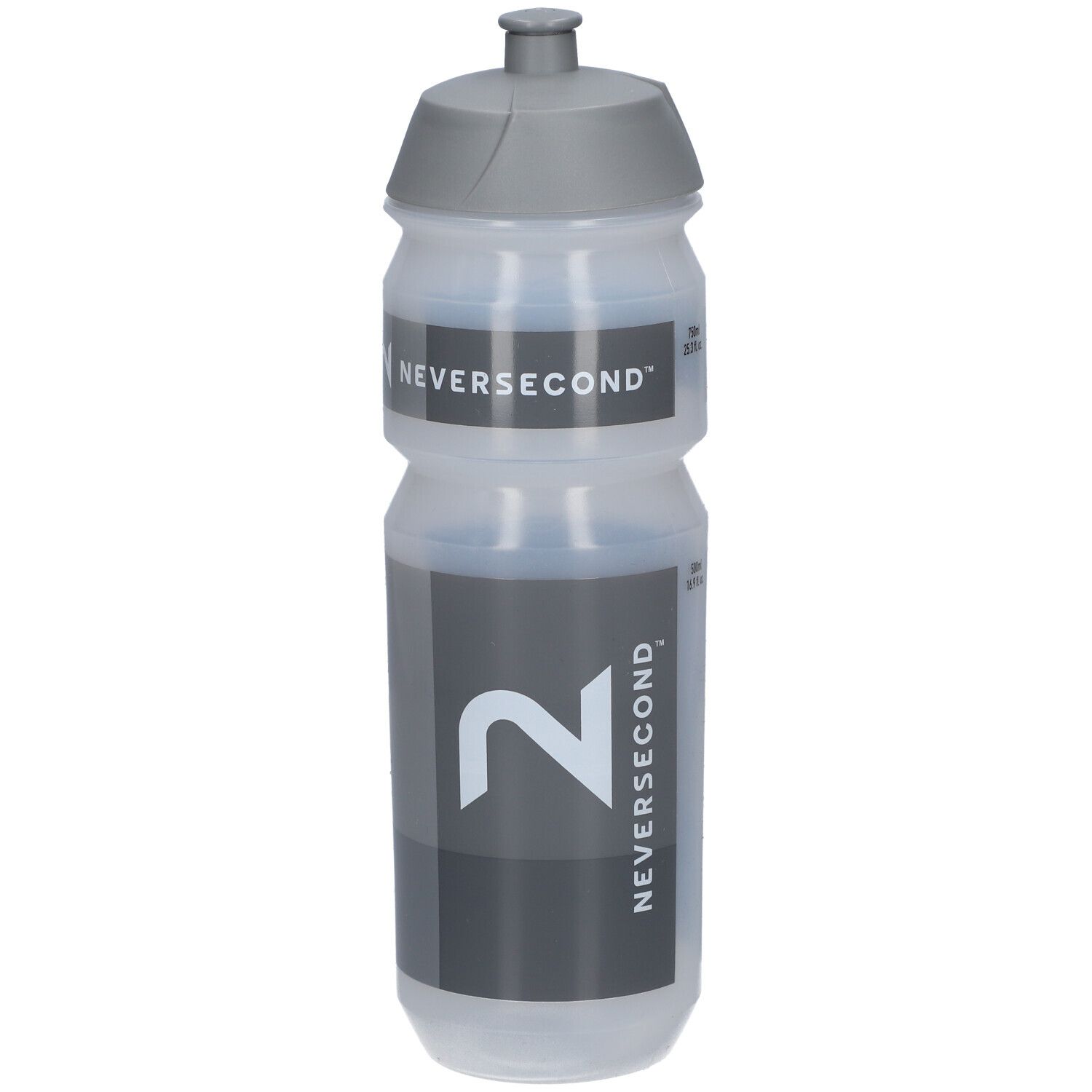 Drinkfles met grijze dop. Opdruk: NEVERSECOND en een grote 2.