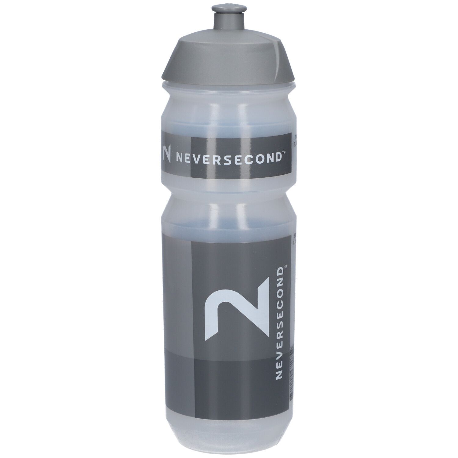 Drinkfles met grijze dop. Opdruk: NEVERSECOND en een grote 2.