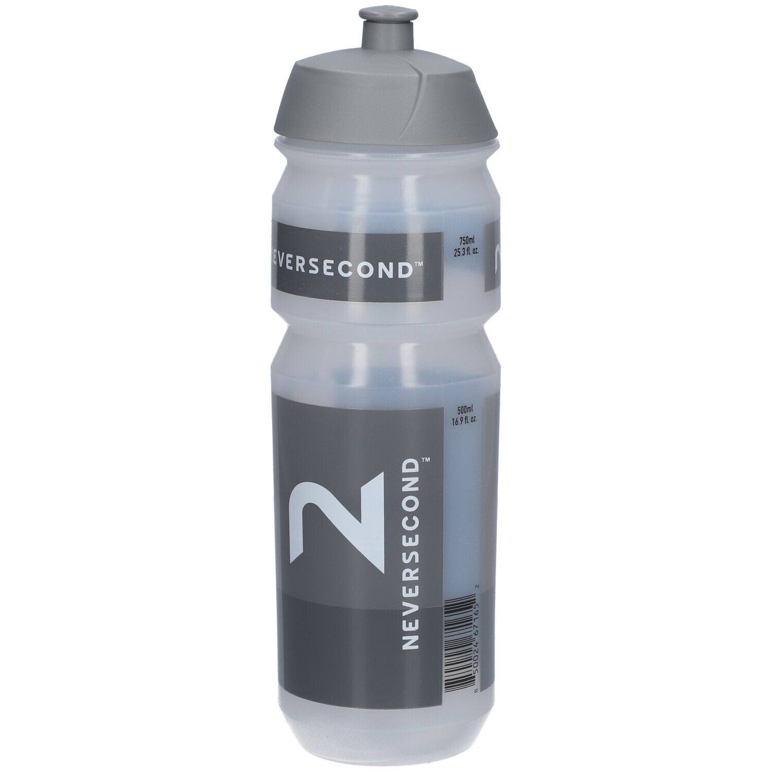 Drinkfles met grijze dop. Opdruk: NEVERSECOND, een grote 2 en meetgegevens.
