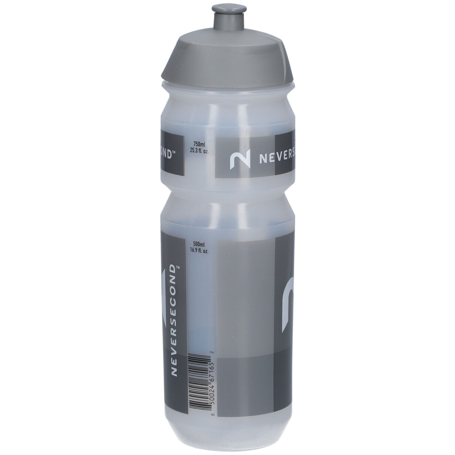 Drinkfles met grijze dop. Opdruk: NEVERSECOND, een grote 2, meetgegevens en barcode.