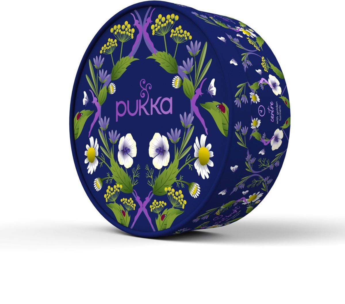 Boîte ronde bleue avec motif floral et logo. Le couvercle est orné de fleurs et de feuilles.