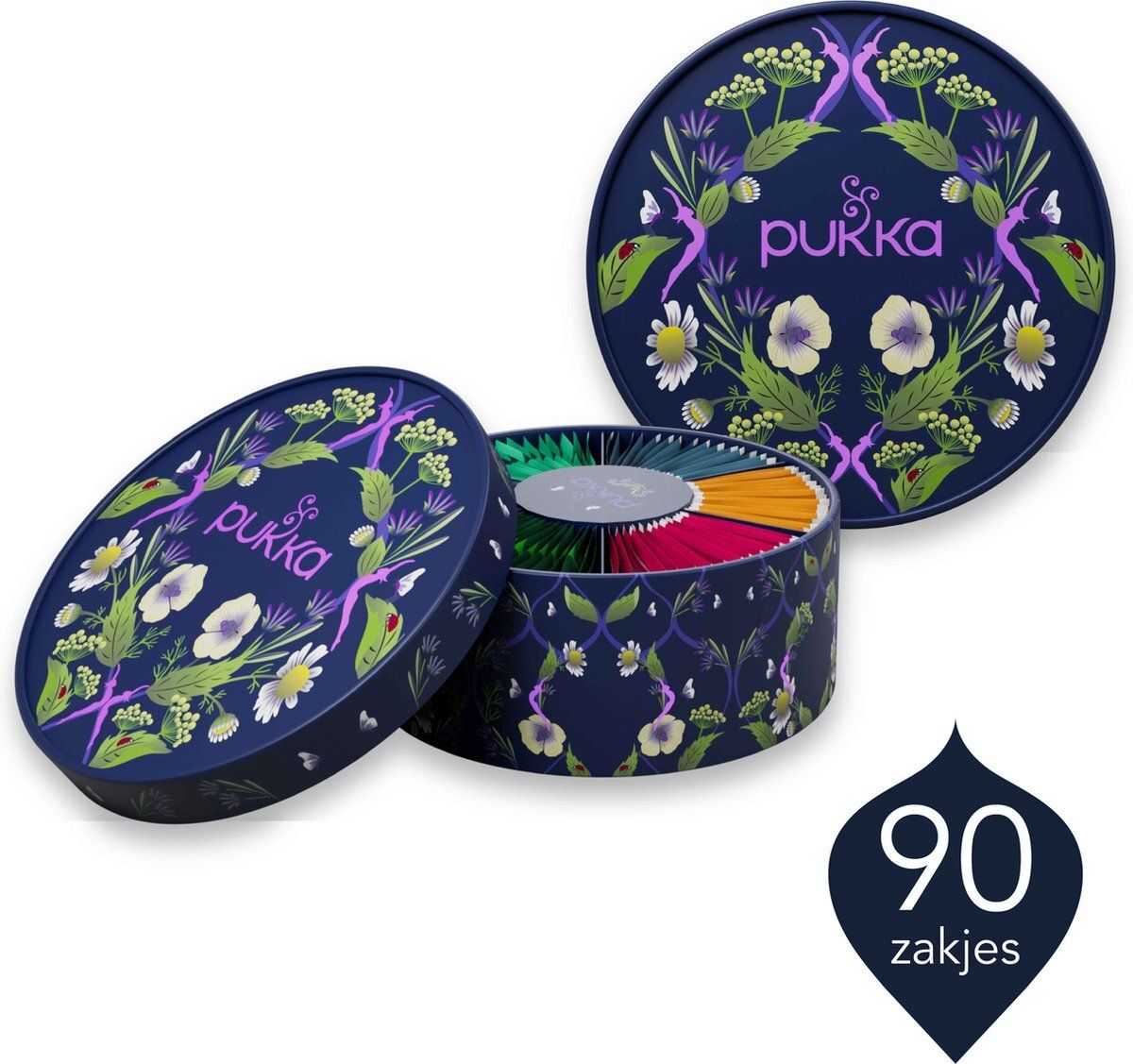 Boîte bleue avec motif floral, ouverte. Sachet de thé de différentes couleurs à l'intérieur.