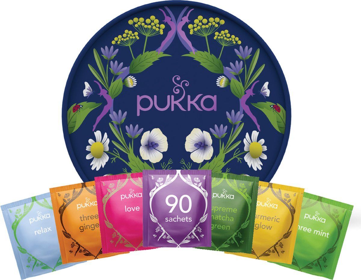Boîte bleue avec motif floral et sachets de thé. Les sachets indiquent "90 sachets".