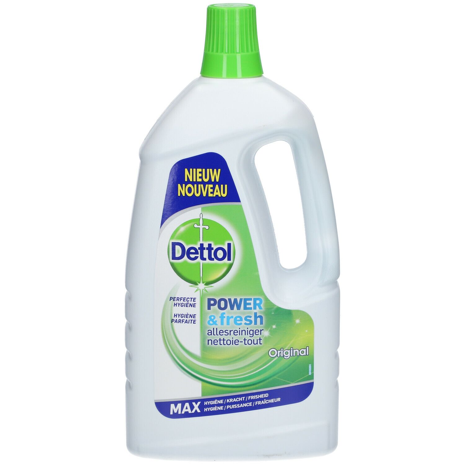 Witte reinigerfles met groene dop en handvat. Opschrift: Dettol Power & Fresh, Original. 'Nieuw' en 'Max'.