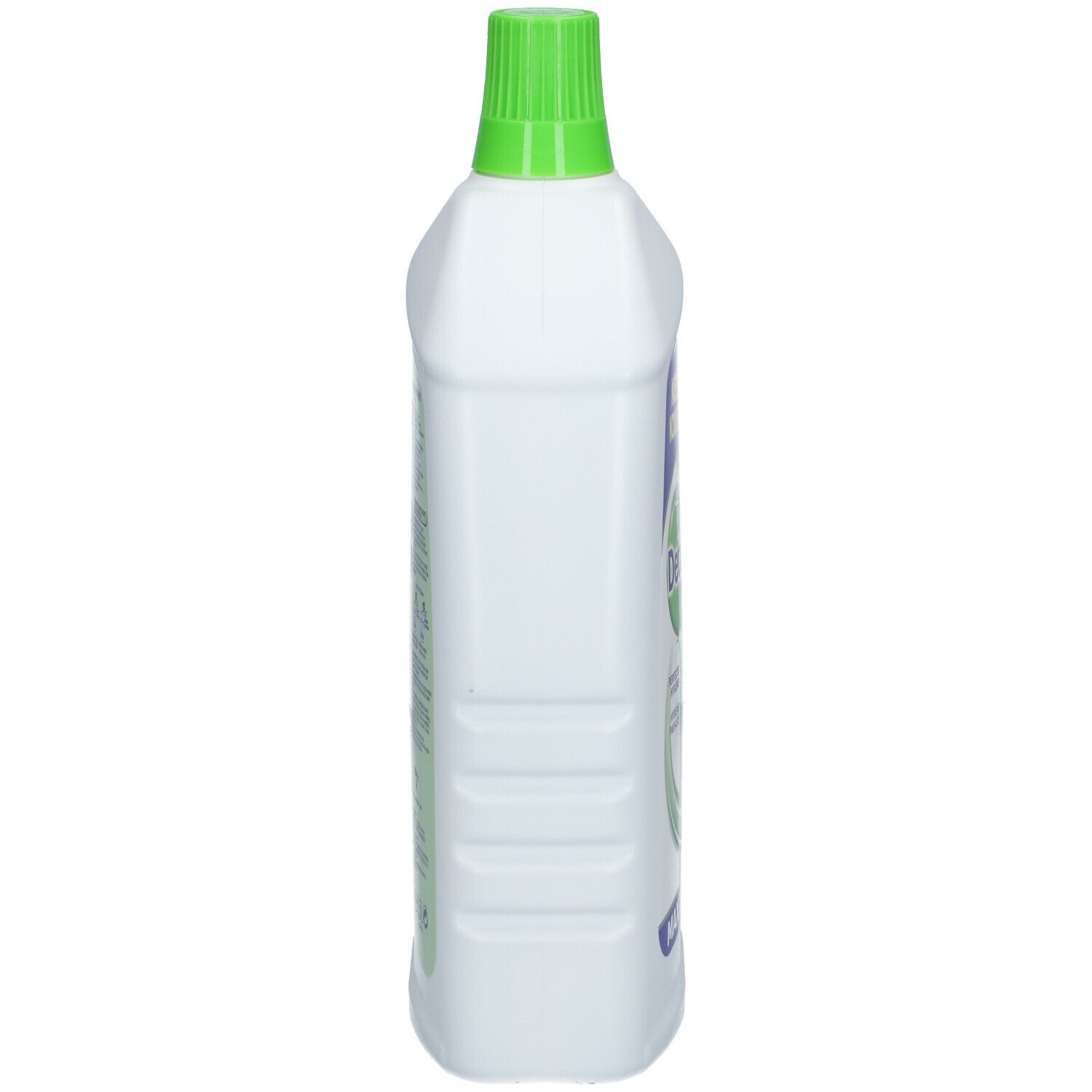 Witte reinigerfles met groene dop. Zijaanzicht. Opschrift: Dettol Power & Fresh. Vorm met groeven.