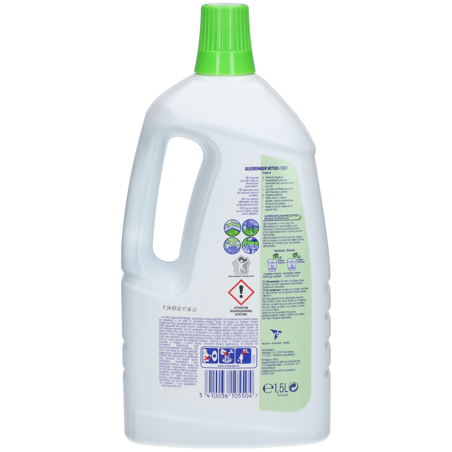Achterkant van een witte reinigerfles met groene dop. Opschrift: Dettol Power & Fresh. Waarschuwingen en symbolen.