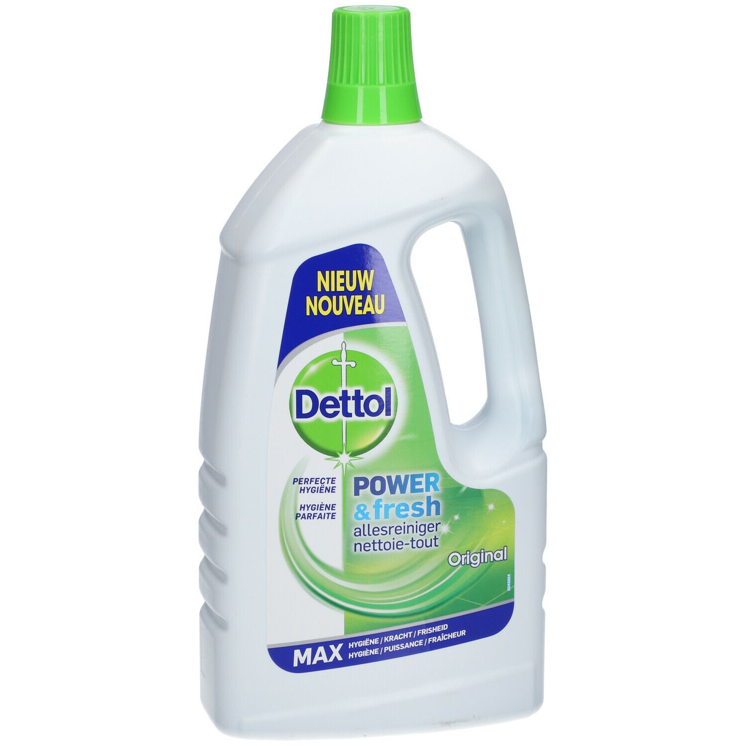 Witte reinigerfles met groene dop en handvat. Opschrift: Dettol Power & Fresh, Original. 'Nieuw' en 'Max'.