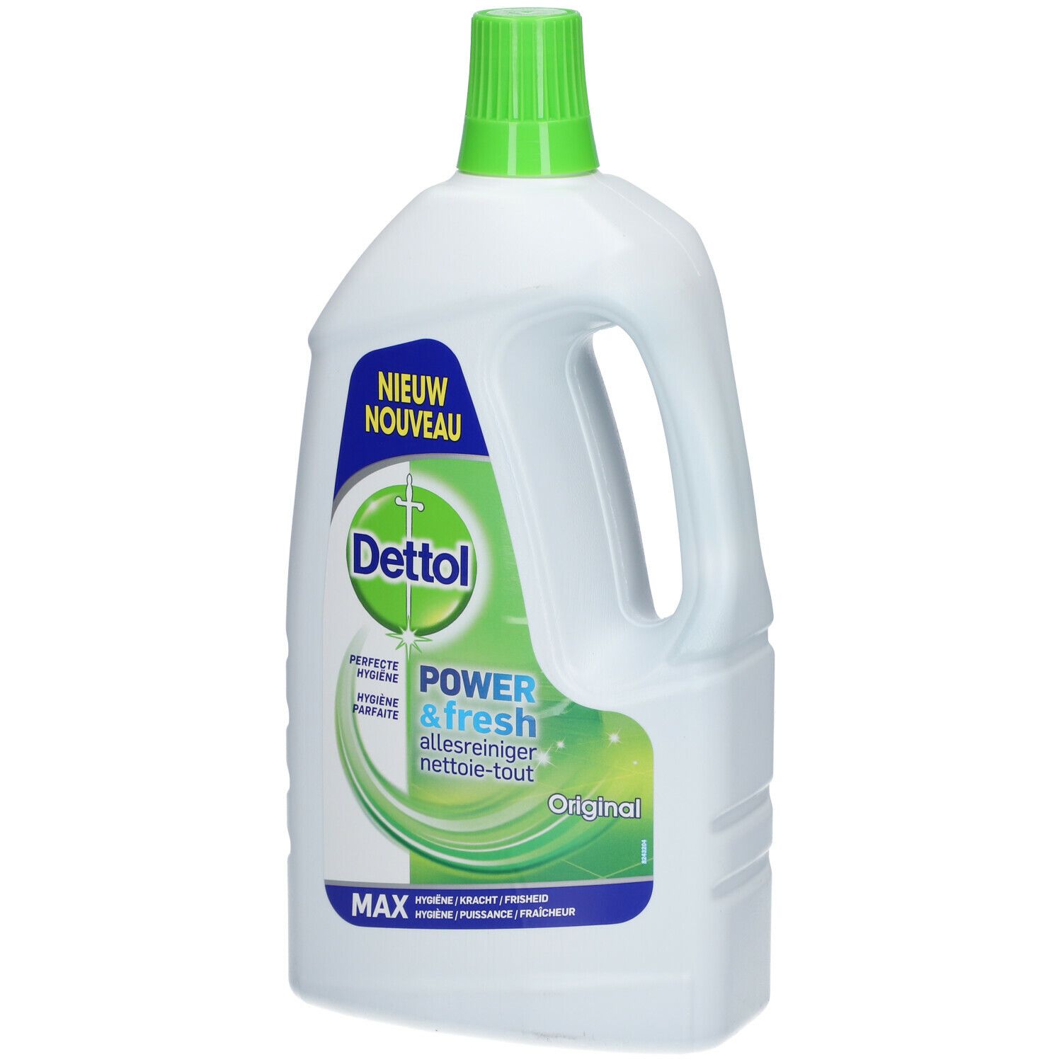 Witte reinigerfles met groene dop en handvat. Opschrift: Dettol Power & Fresh, Original. 'Nieuw' en 'Max'.