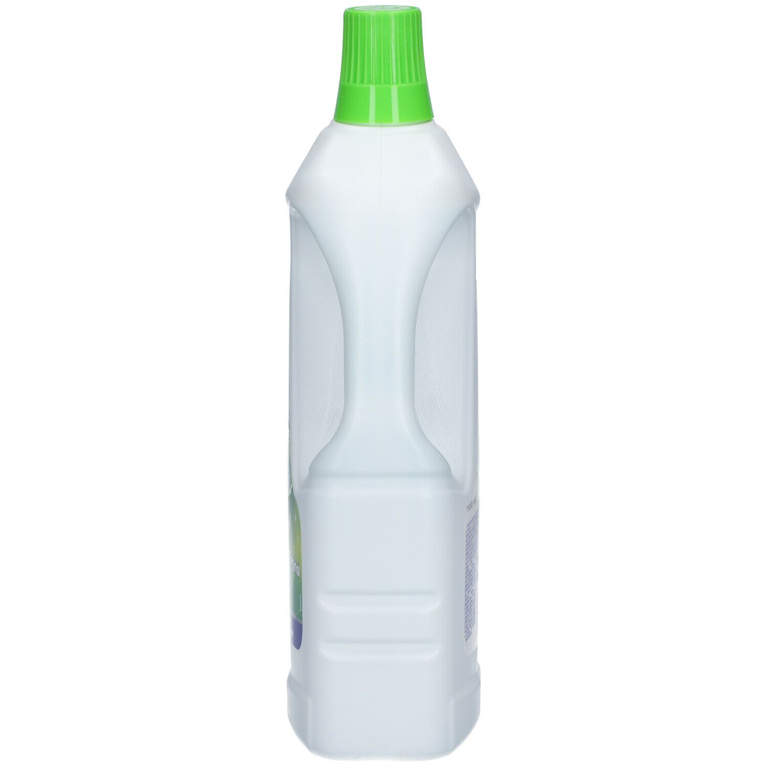 Witte reinigerfles met groene dop. Zijaanzicht. Opschrift: Dettol Power & Fresh. Vorm met groeven.