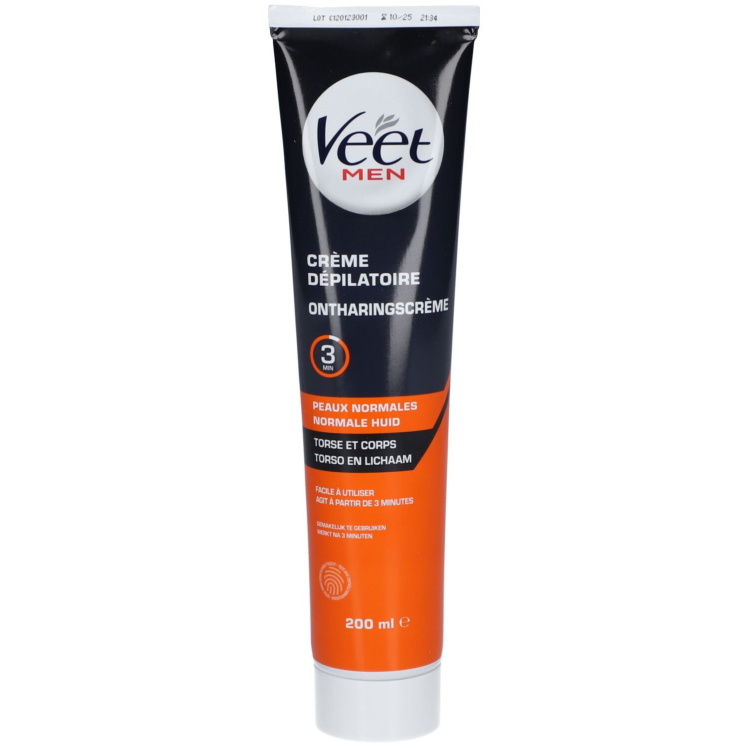 Tube de Crème Dépilatoire Veet Men. Tube noir et orange avec informations produit. Contient 200 ml.
