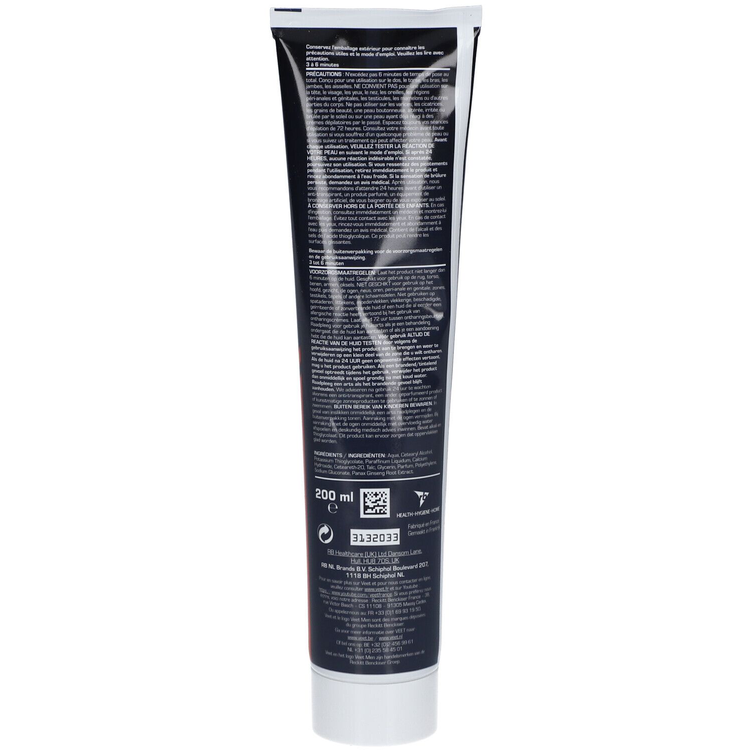 Dos du tube de Crème Dépilatoire Veet Men. Texte avec informations produit. Contient 200 ml.