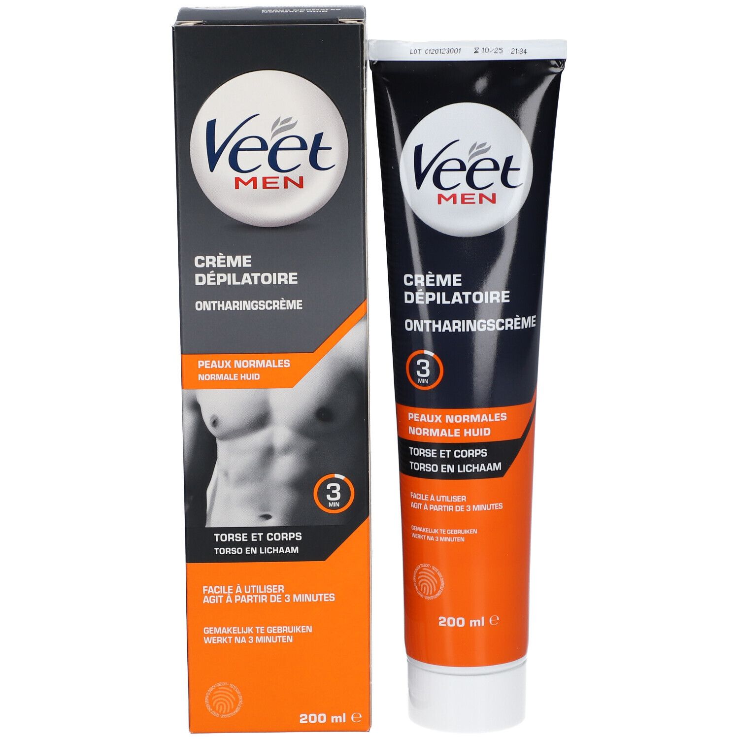 Tube et emballage de Crème Dépilatoire Veet Men. Tube et boîte avec informations produit. Contient 200 ml.