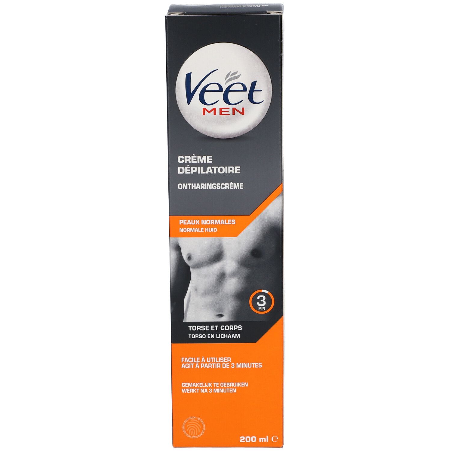 Emballage de Crème Dépilatoire Veet Men. Boîte noire avec informations produit. Contient 200 ml.