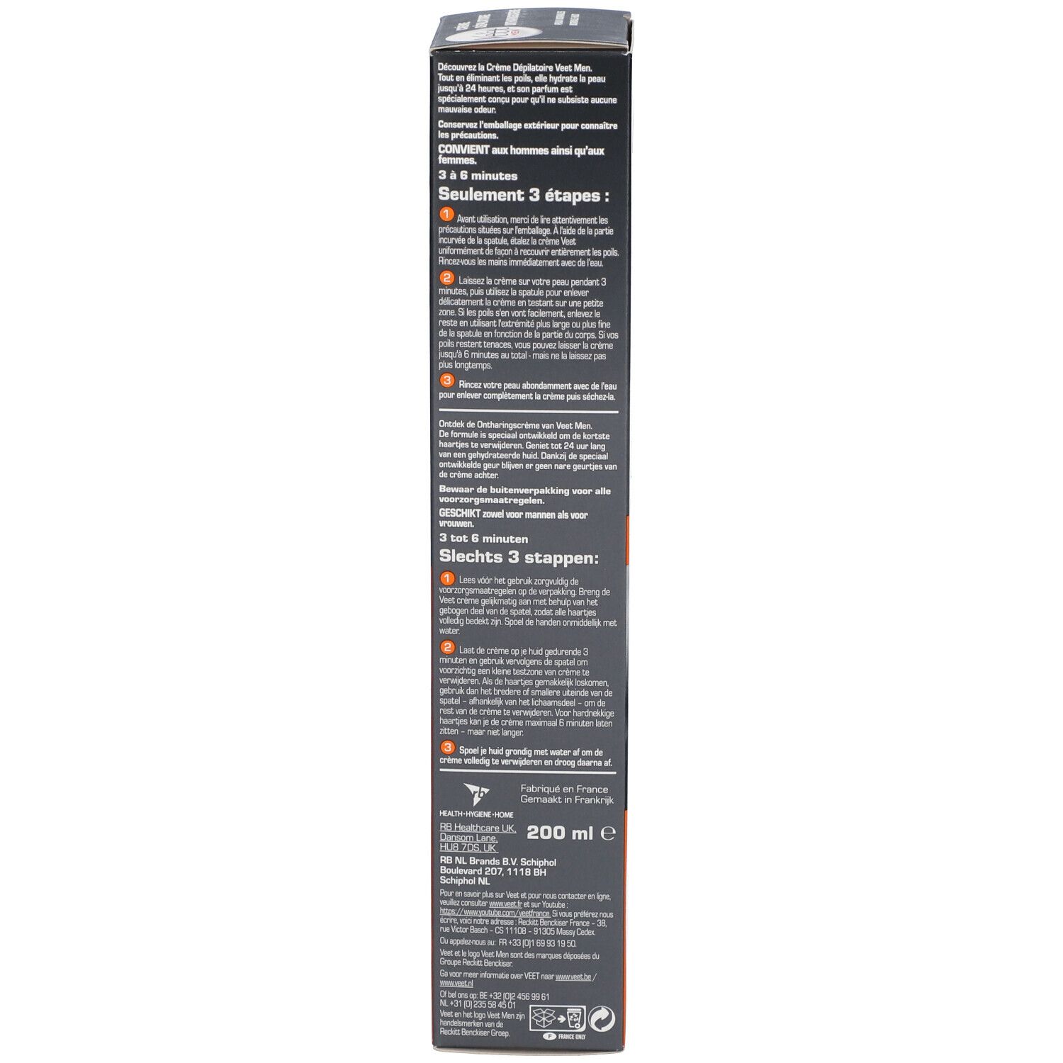 Côté de l'emballage de Crème Dépilatoire Veet Men. Texte avec informations produit. Contient 200 ml.