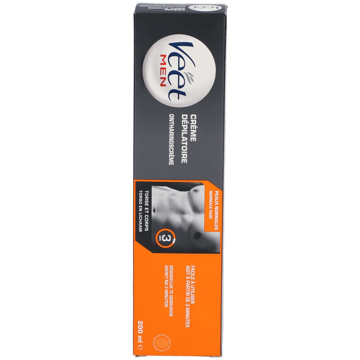 Emballage et tube de Crème Dépilatoire Veet Men. Boîte noire et tube. Contient 200 ml.