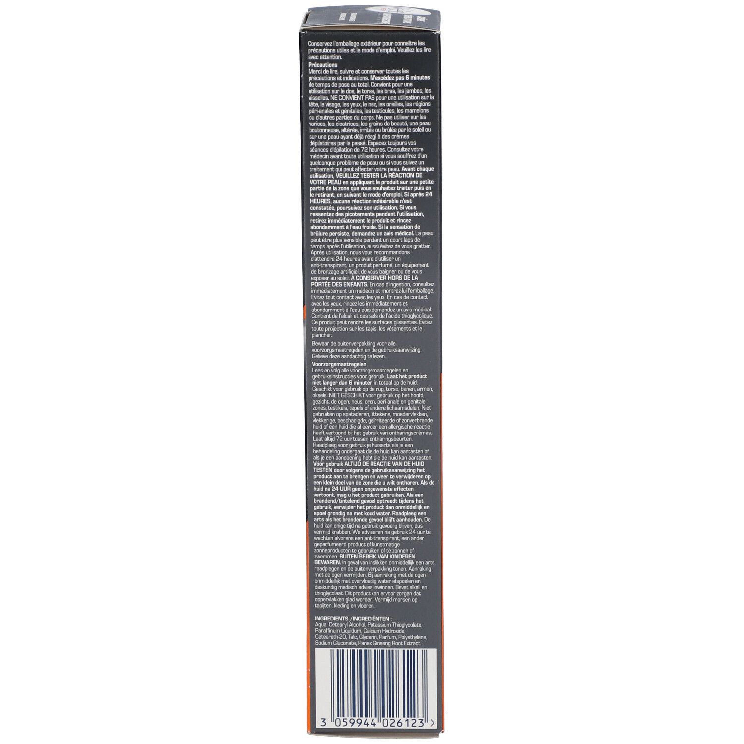 Côté de l'emballage de Crème Dépilatoire Veet Men. Texte avec informations produit. Contient 200 ml.
