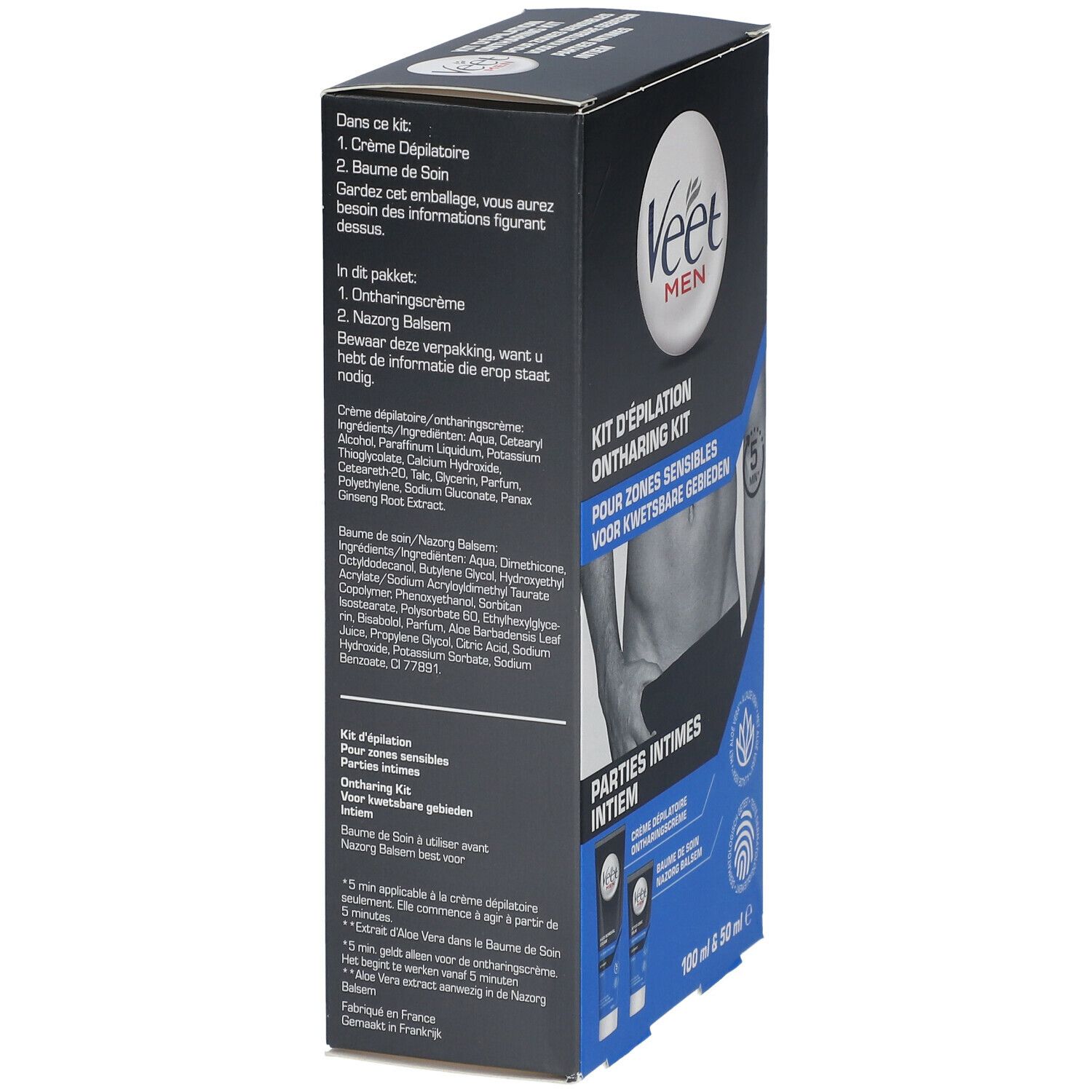 Veet MEN Epilier-Set. Schwarze Verpackung, Seitenansicht. Text in mehreren Sprachen. Enthält Creme und Balsam. 100 ml & 50 ml.
