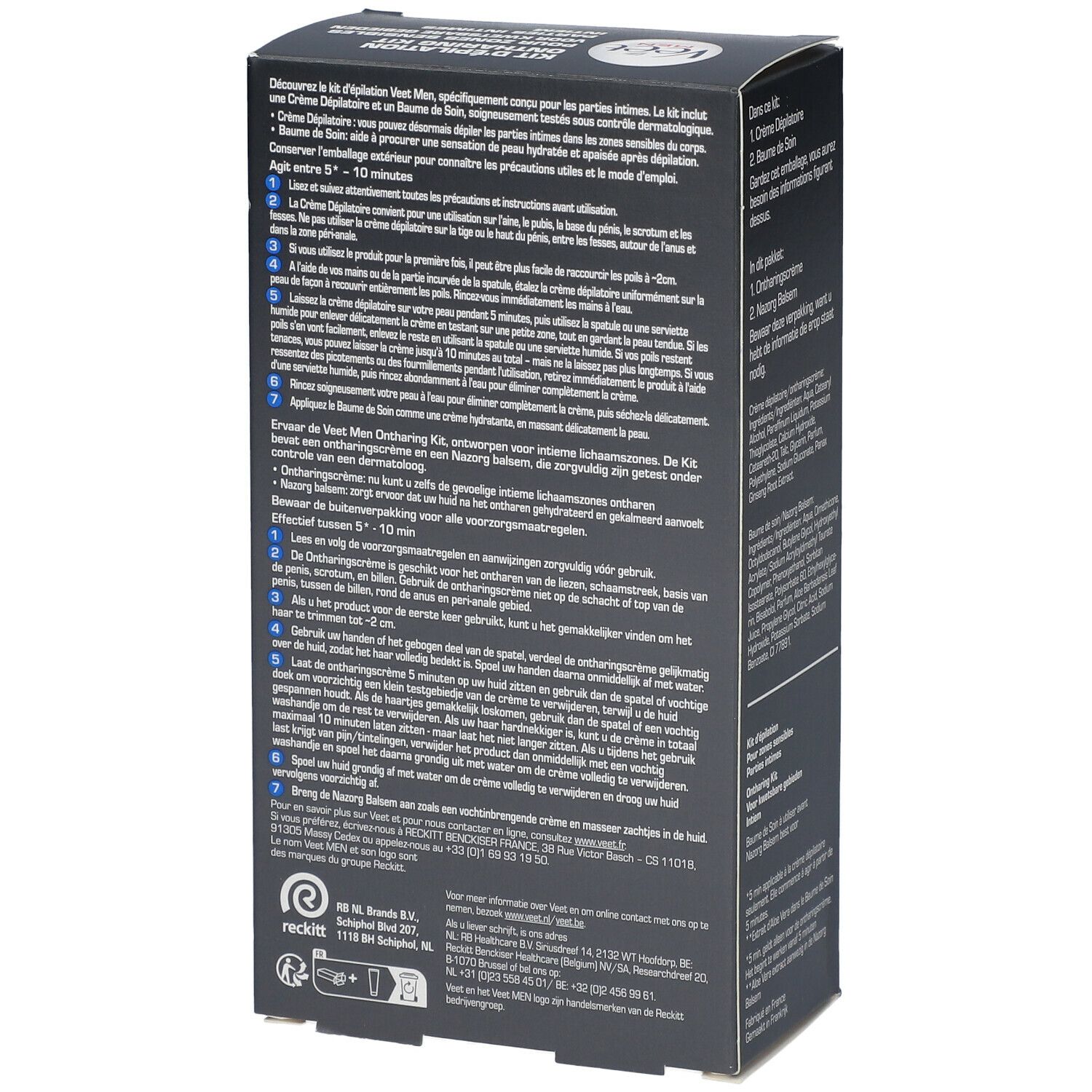 Veet MEN Epilier-Set. Schwarze Verpackung, Rückseite mit Text. Enthält Creme und Balsam. Für empfindliche Bereiche. 100 ml & 50 ml.
