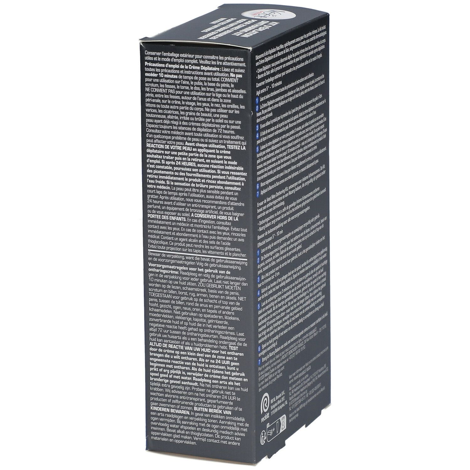 Veet MEN Epilier-Set. Schwarze Verpackung, Seitenansicht mit Text. Enthält Creme und Balsam. Für empfindliche Bereiche. 100 ml & 50 ml.