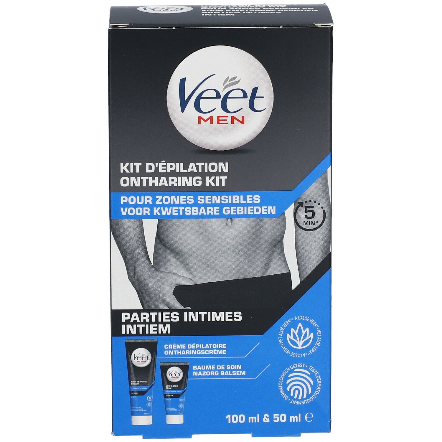 Veet MEN Epilier-Set. Schwarze Verpackung mit Produktabbildung und Text. Enthält Creme und Balsam. 100 ml & 50 ml.