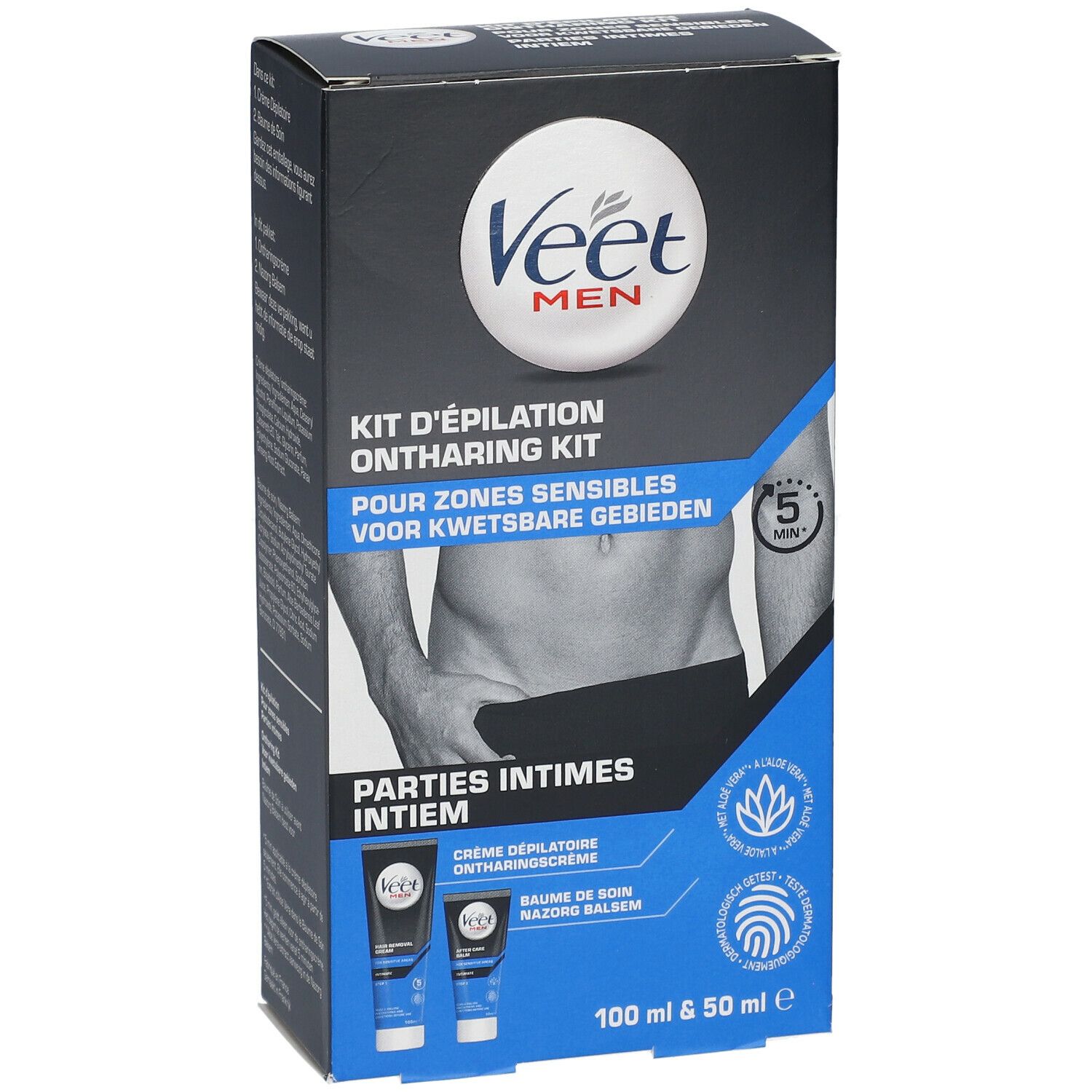 Veet MEN Epilier-Set. Schwarze Verpackung mit Produktabbildung und Text. Enthält Creme und Balsam. 100 ml & 50 ml.