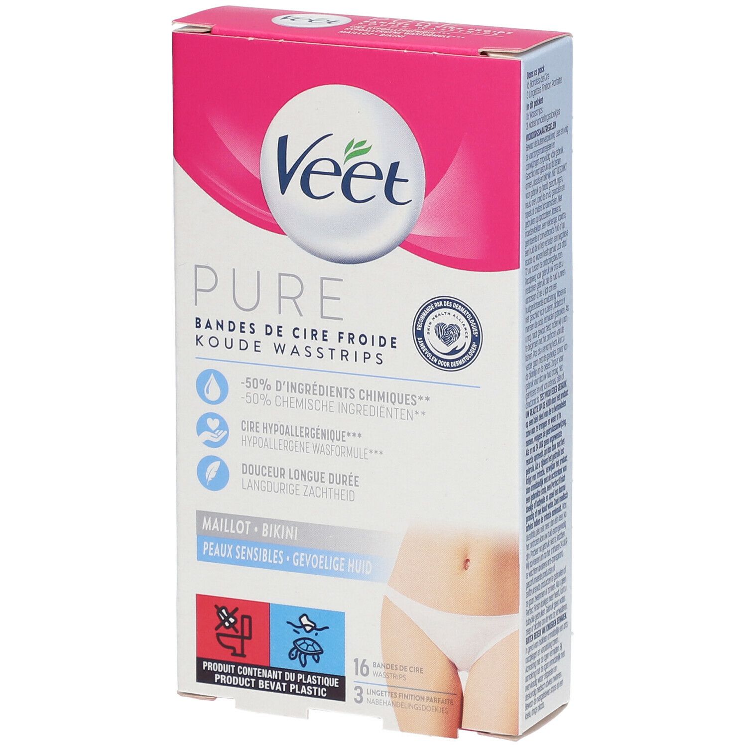 Veet Pure Kaltwachsstreifen-Packung. Rosa-weißes Design. Enthält 16 Streifen und 3 Tücher. Geeignet für empfindliche Haut.