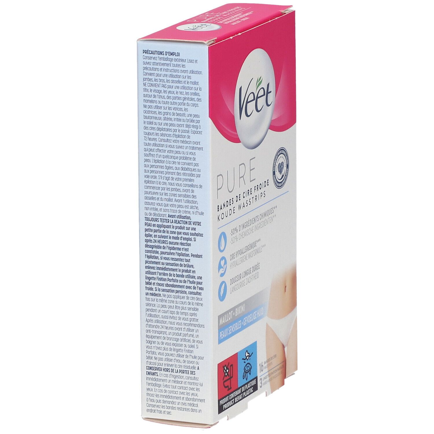 Veet Pure Packung, Seitenansicht. Rosa-weißes Design. Textinformationen und Warnhinweise. Enthält 16 Streifen und 3 Tücher.