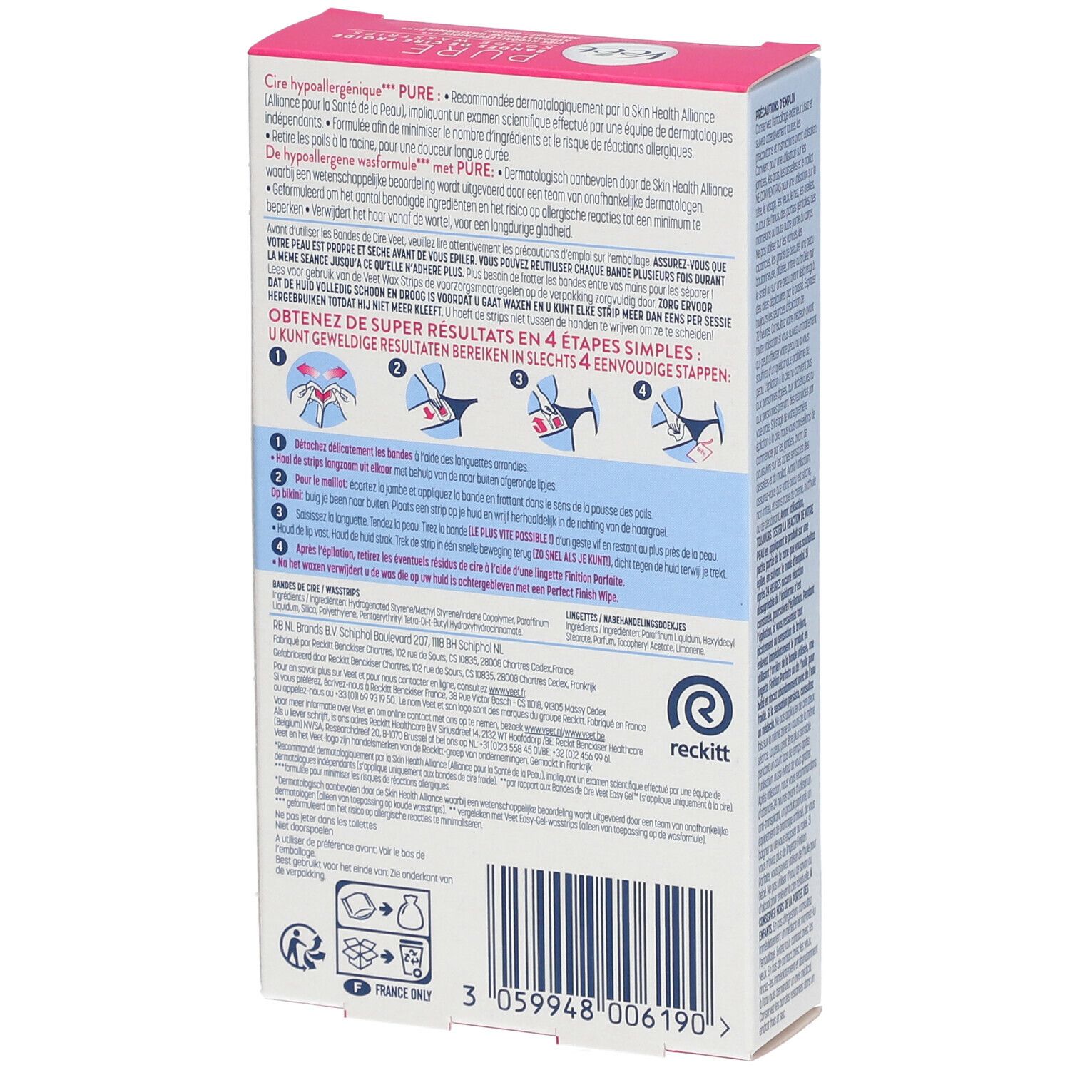 Rückseite der Veet Pure Packung. Rosa-weißes Design. Gebrauchsanweisungen und Inhaltsstoffe. Enthält 16 Streifen und 3 Tücher.