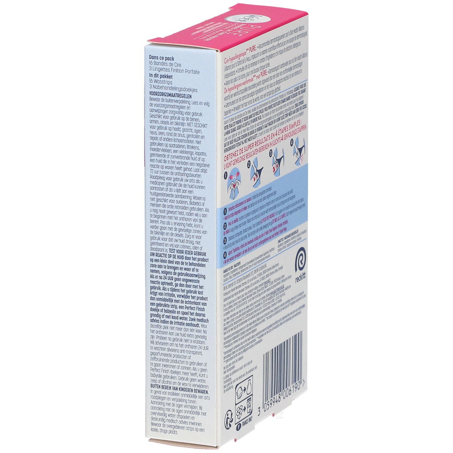Seitenansicht der Veet Pure Packung. Rosa-weißes Design. Textinformationen und Warnhinweise. Enthält 16 Streifen und 3 Tücher.