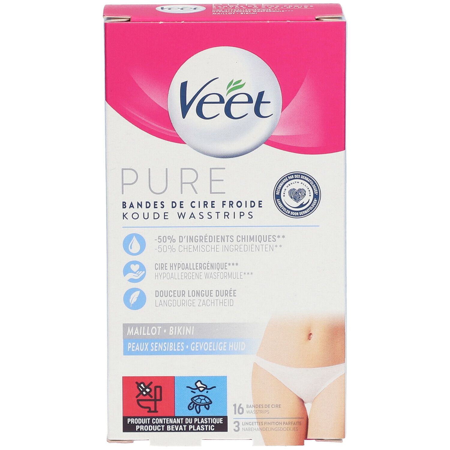 Veet Pure Kaltwachsstreifen-Packung. Rosa-weißes Design. Enthält 16 Streifen und 3 Tücher. Geeignet für empfindliche Haut.