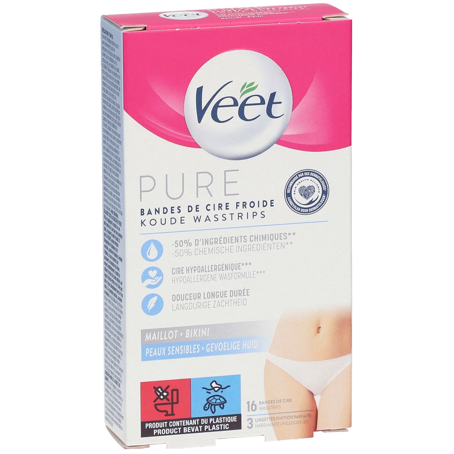 Veet Pure Kaltwachsstreifen-Packung. Rosa-weißes Design. Enthält 16 Streifen und 3 Tücher. Geeignet für empfindliche Haut.