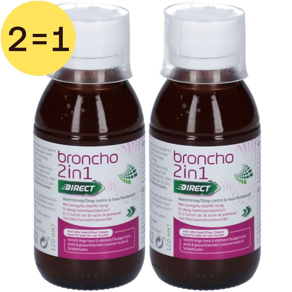 Deux flacons de Broncho 2 en 1. Inscription 1+1 GRATUIT. Étiquette avec informations produit.