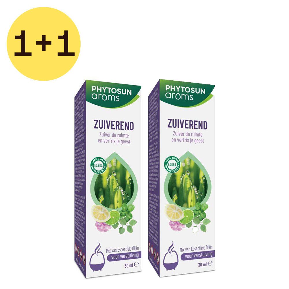 Twee verpakkingen etherische olie. Opschrift: PHYTOSUN arôms, ZUIVEREND. 1+1 actie. Illustratie van citroen, munt en roos.