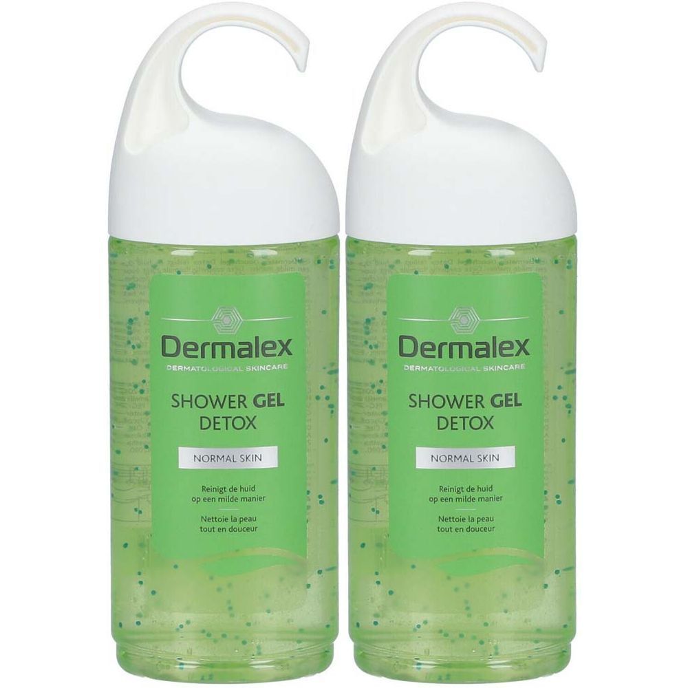 Twee groene douchegelflessen met witte handgreep. Opschrift: Dermalex, Shower Gel Detox, Normal Skin.