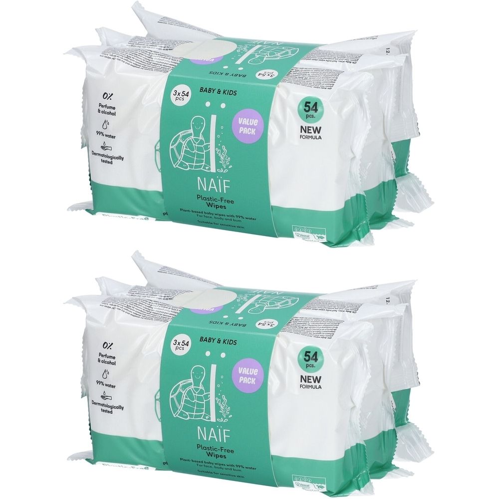 Mehrere Packungen Feuchttücher. Verpackung mit grünem Band, Aufschrift NAÏF, Baby & Kids, 54 Stück, neue Formel. Wertpackung.