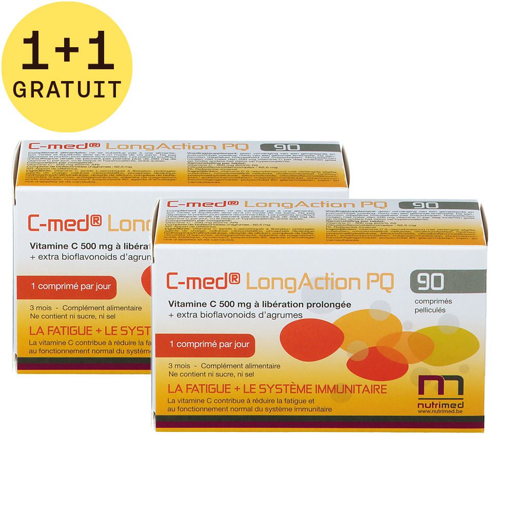 Deux boîtes de C-med® LongAction PQ avec 90 comprimés. Inscription : Vitamine C 500 mg, 1 comprimé par jour. 1+1 GRATUIT.